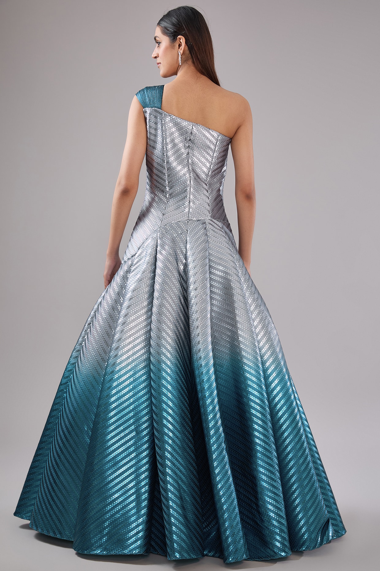 Grey Teal Metallic Polymer Gown by Amit Aggarwal at Pernia s Pop Up Shop 2024