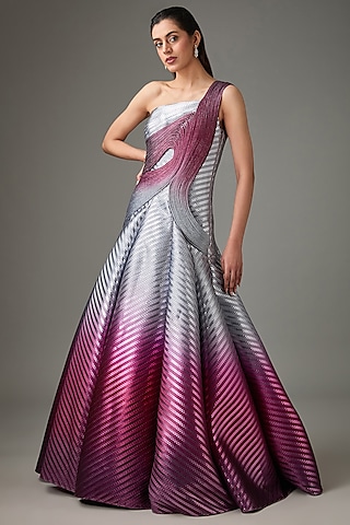 Plum-Grey Metallic Striper Gown by Amit Aggarwal