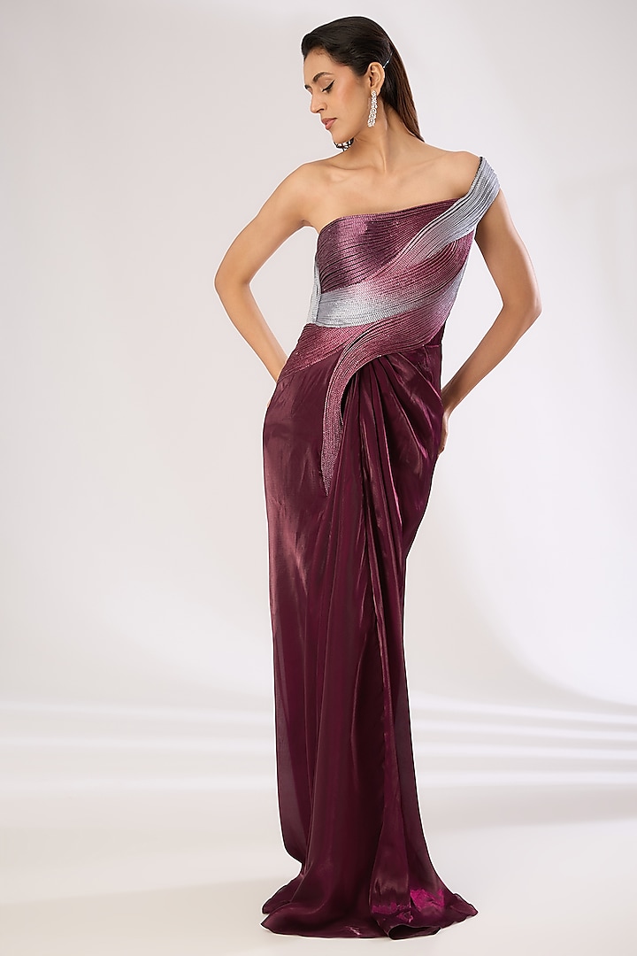 Plum-Grey Velvet Chiffon Gown by Amit Aggarwal at Pernia's Pop Up Shop