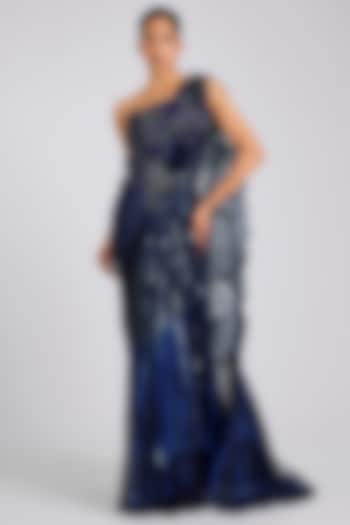 Ink Blue Georgette & Butterfly Net Draped Bridal Saree by Amit Aggarwal at Pernia's Pop Up Shop
