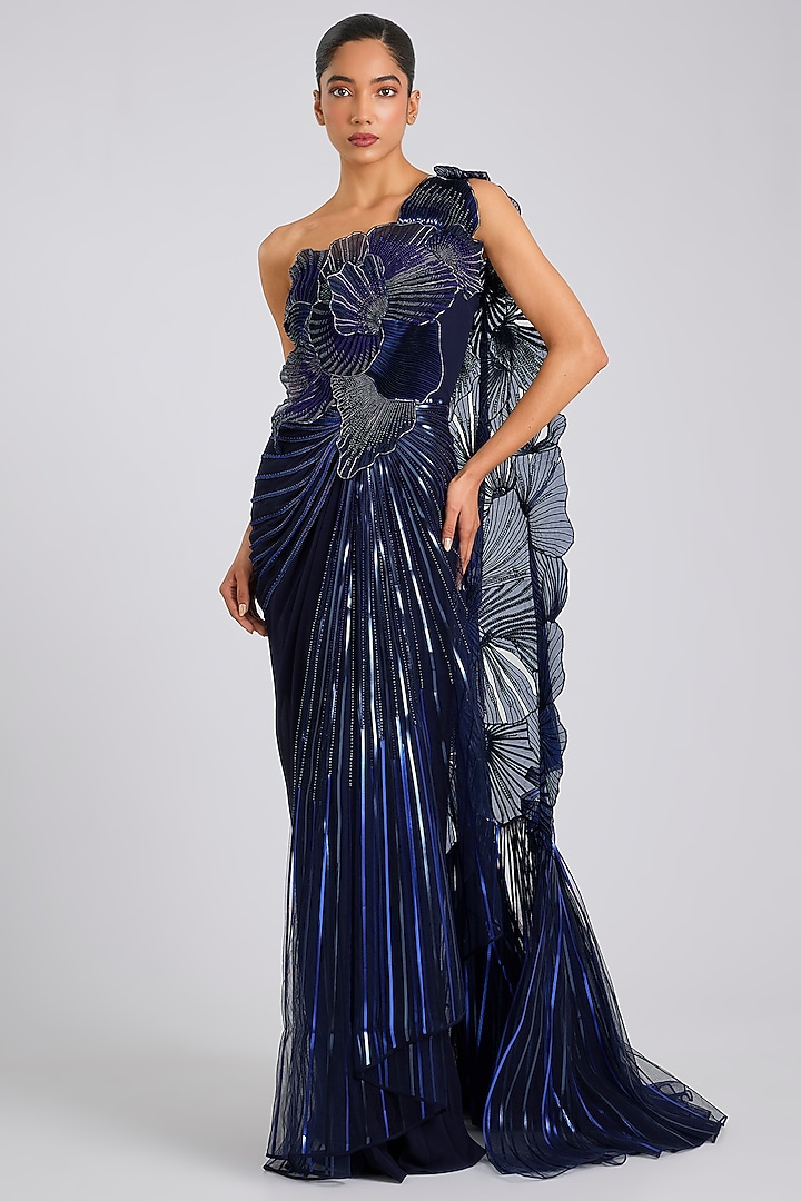 Ink Blue Georgette & Butterfly Net Draped Bridal Saree by Amit Aggarwal at Pernia's Pop Up Shop