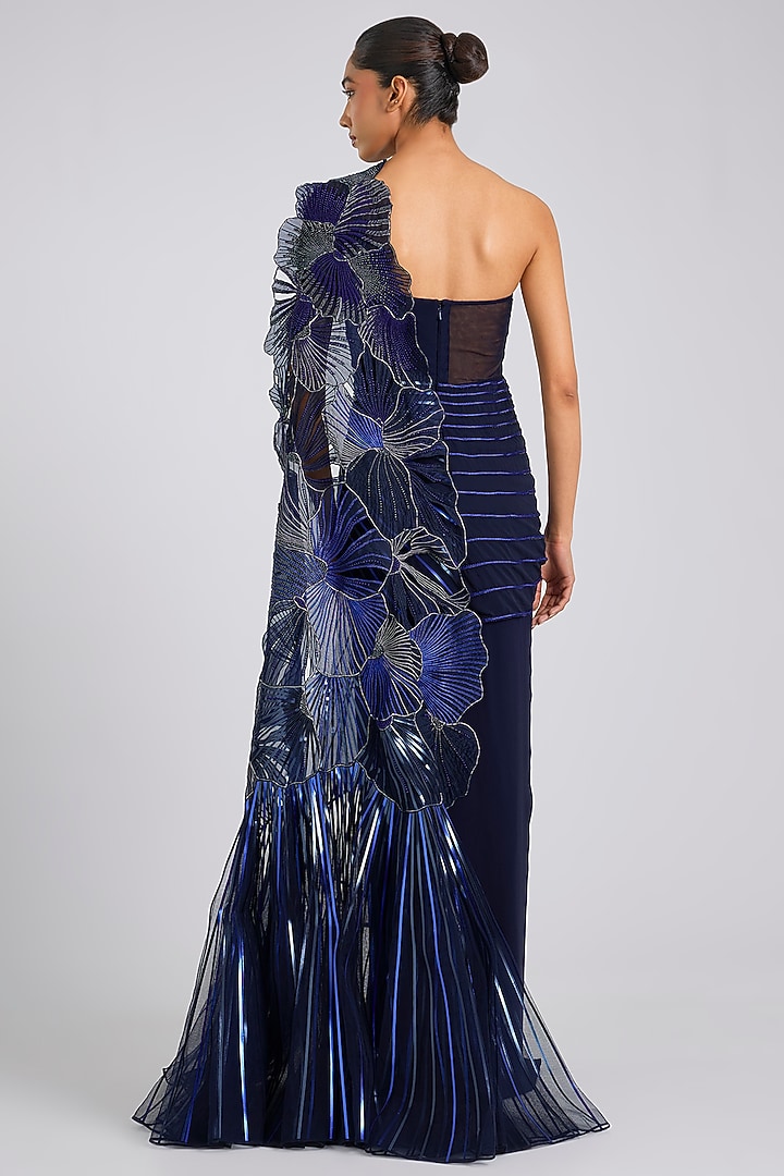 Ink Blue Georgette & Butterfly Net Draped Bridal Saree by Amit Aggarwal at Pernia's Pop Up Shop
