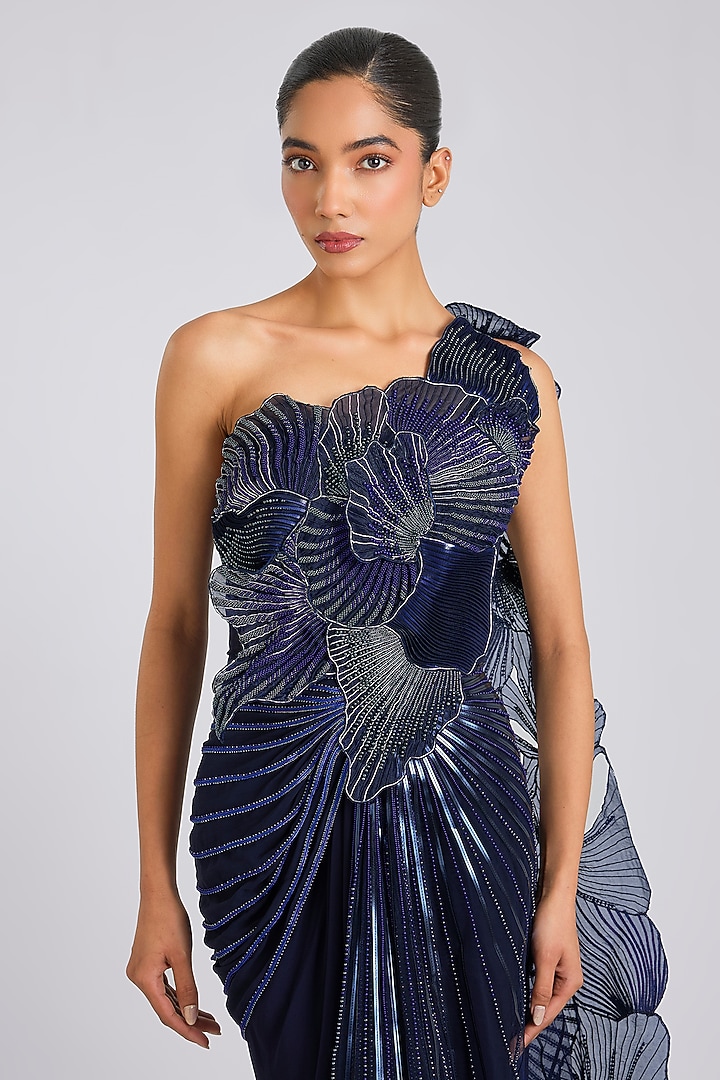 Ink Blue Georgette & Butterfly Net Draped Bridal Saree by Amit Aggarwal at Pernia's Pop Up Shop