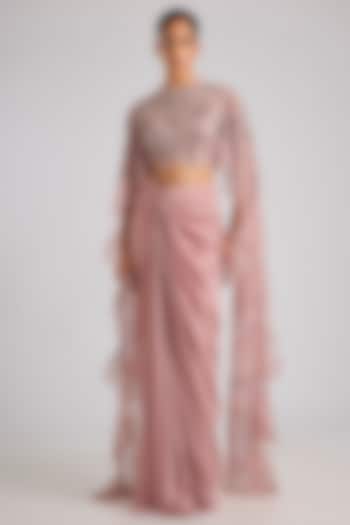 Blush Pink Satin Chiffon Draped Skirt Set by Amit Aggarwal at Pernia's Pop Up Shop