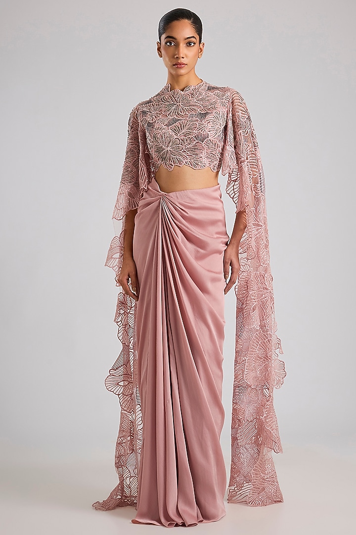 Blush Pink Satin Chiffon Draped Skirt Set by Amit Aggarwal at Pernia's Pop Up Shop