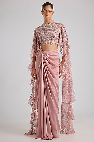 Blush Pink Satin Chiffon Draped Skirt Set by Amit Aggarwal