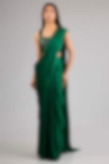 Emerald Green Satin Chiffon Draped Reception Saree Set by Amit Aggarwal at Pernia's Pop Up Shop