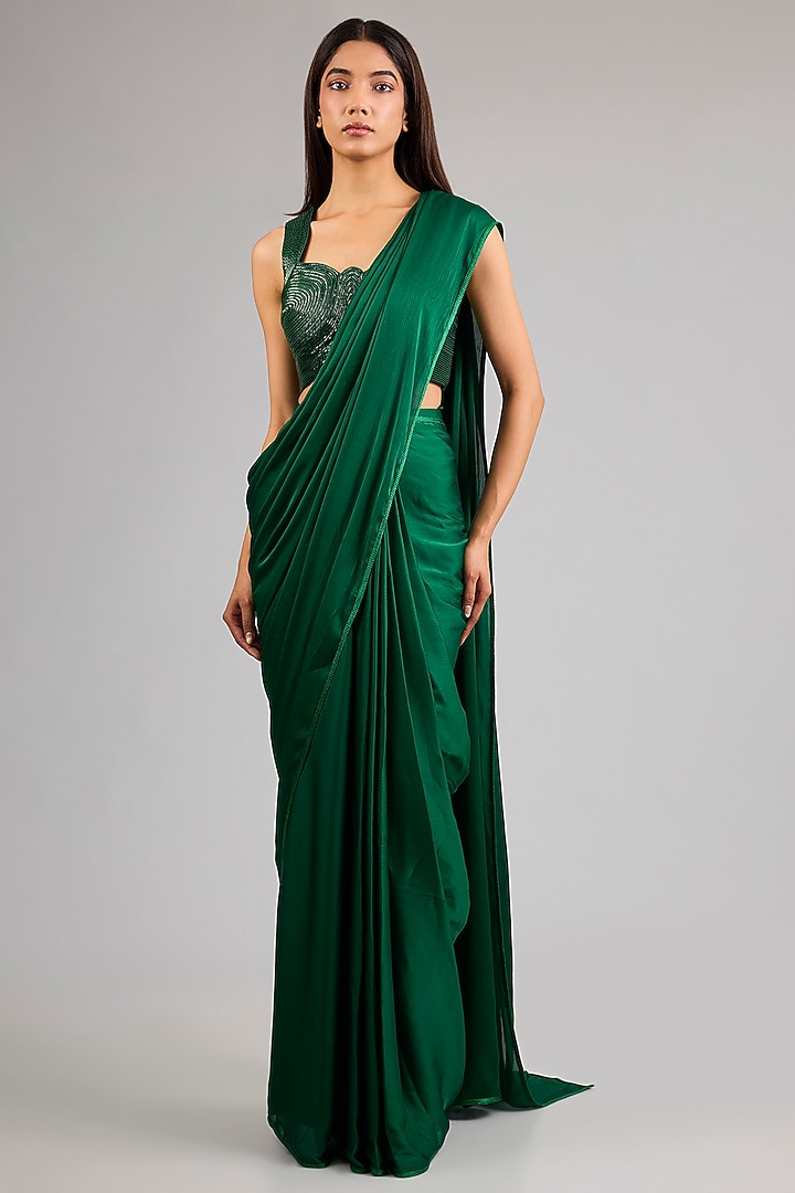 Emerald Green Satin Chiffon Draped Reception Saree Set by Amit Aggarwal at Pernia's Pop Up Shop