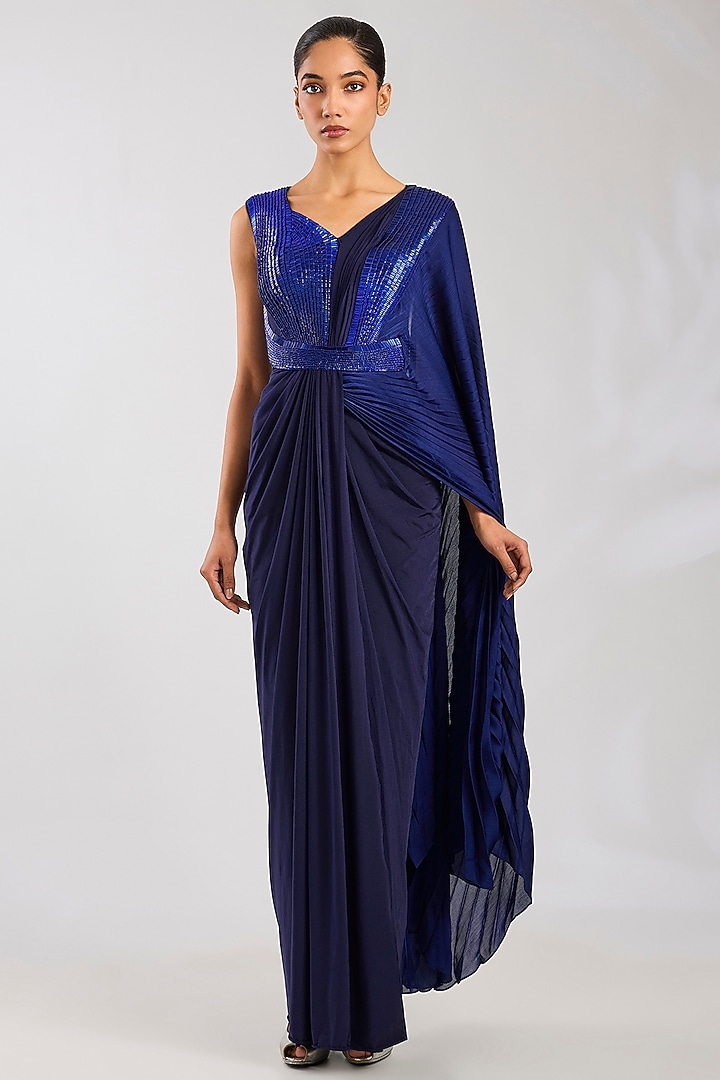 Ink Blue Mineral Jersey Reception Saree by Amit Aggarwal at Pernia's Pop Up Shop
