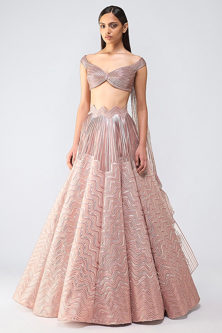 Rose Pink Butterfly Net Fluted Draped Skirt Set by Amit Aggarwal at Pernia's Pop Up Shop