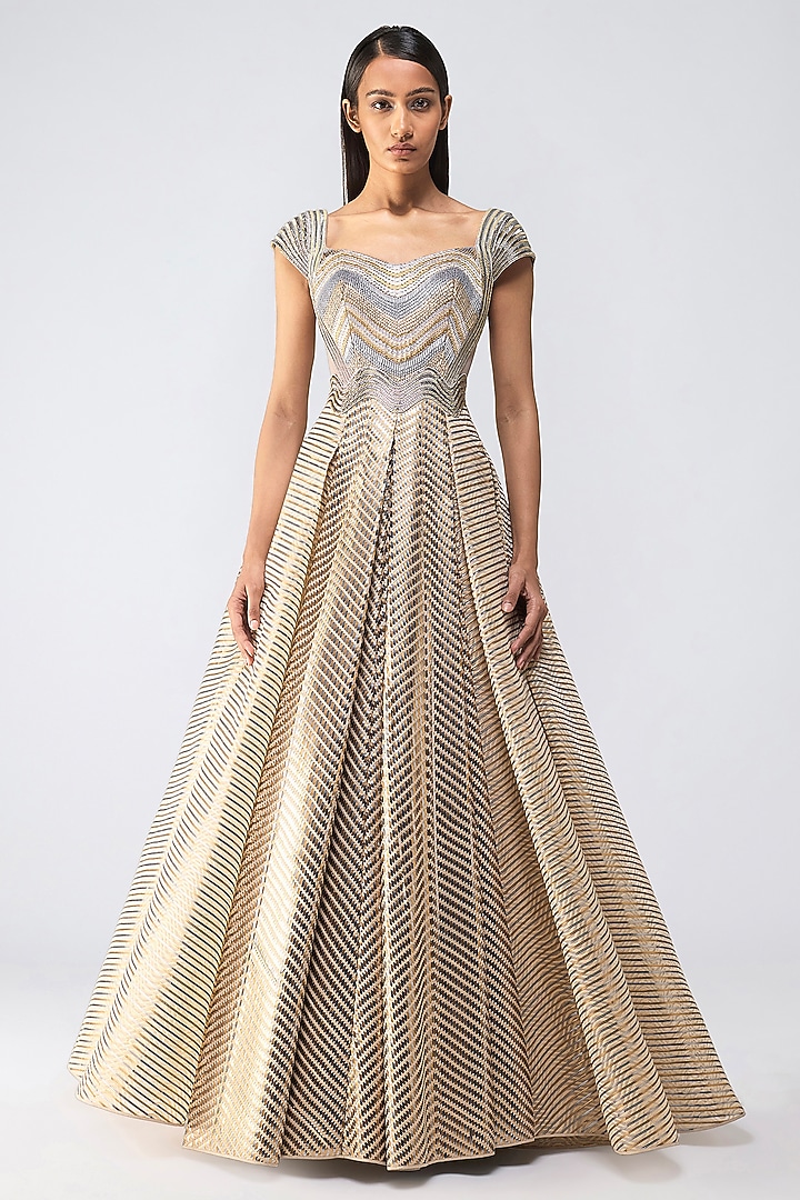 Sand-Colored Butterfly Net & Organza Flared Bridal Gown by Amit Aggarwal at Pernia's Pop Up Shop