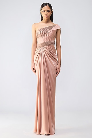 Rose Pink Satin Chiffon Moulded Crystalvein Gown by Amit Aggarwal
