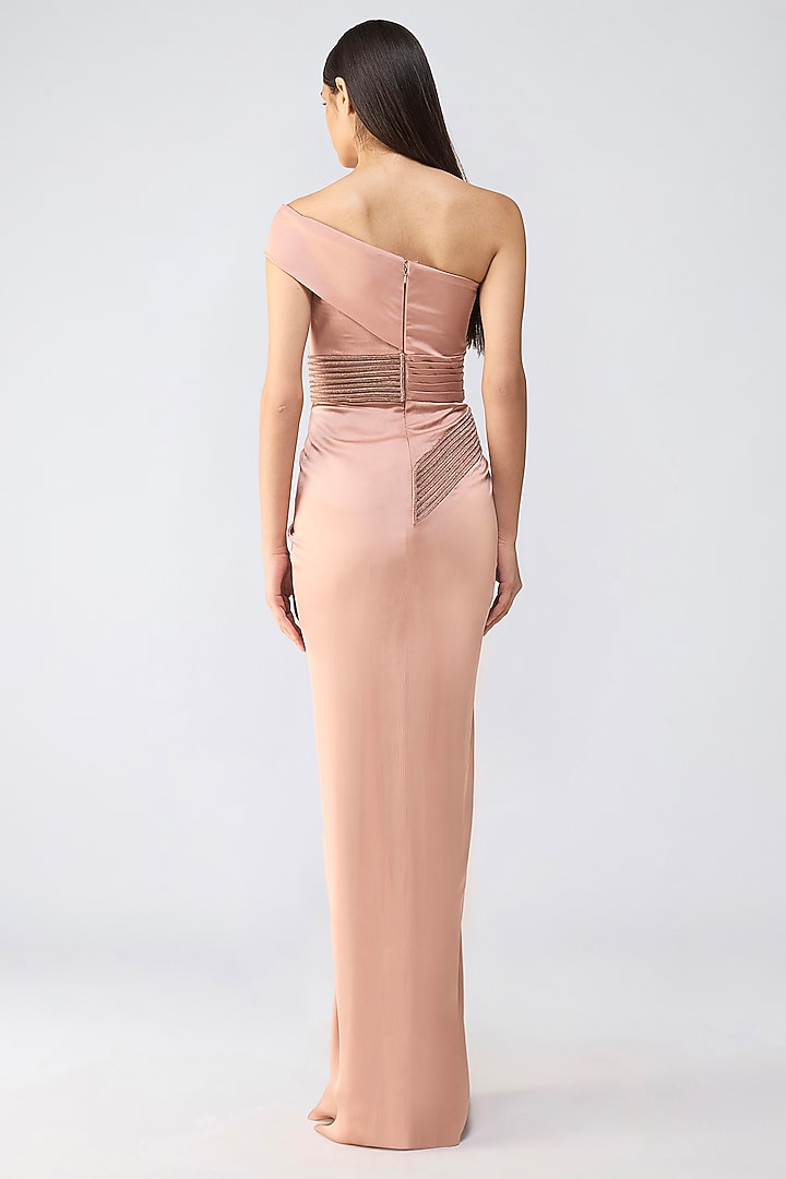 Rose Pink Satin Chiffon Moulded Crystalvein Wedding Gown by Amit Aggarwal at Pernia's Pop Up Shop