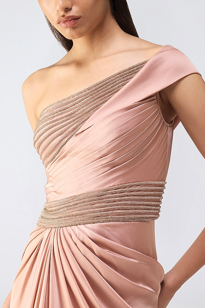 Rose Pink Satin Chiffon Moulded Crystalvein Wedding Gown by Amit Aggarwal at Pernia's Pop Up Shop