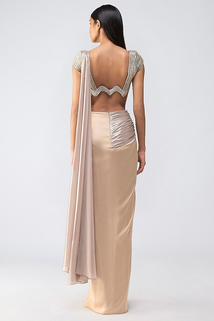 Sand-Colored Satin Chiffon Micro-Pleated Draped Reception Saree Set by Amit Aggarwal at Pernia's Pop Up Shop