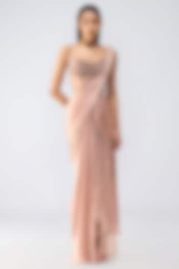 Rose Pink Satin Chiffon Crystalvein Draped Reception Saree Set by Amit Aggarwal at Pernia's Pop Up Shop