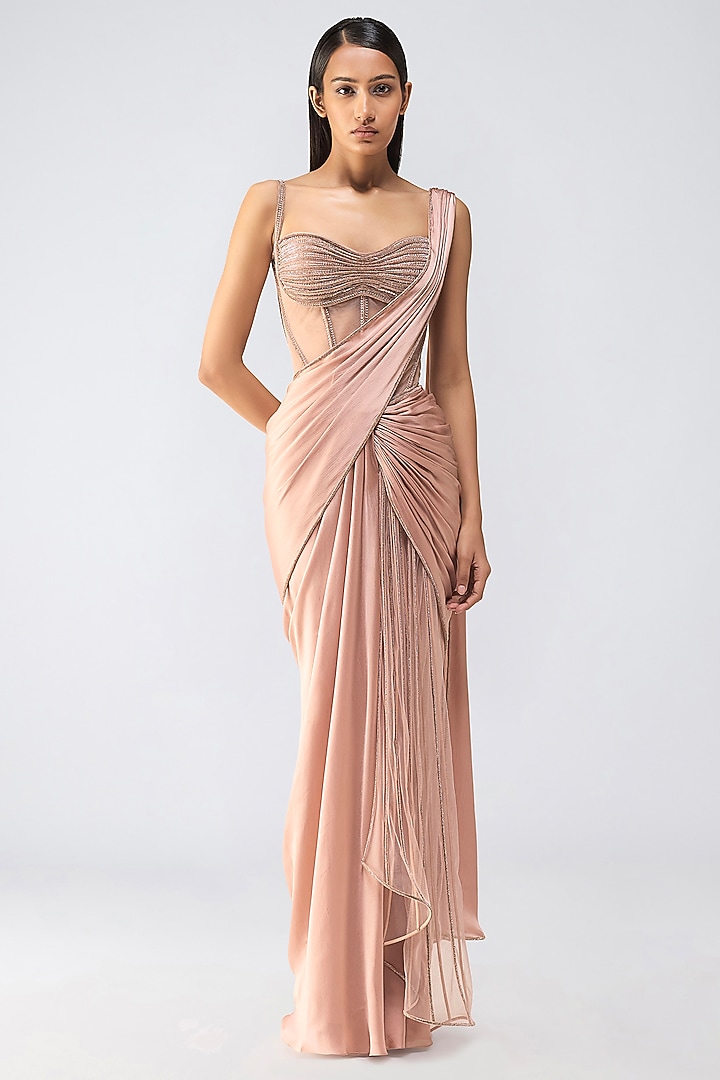 Rose Pink Satin Chiffon Crystalvein Draped Reception Saree Set by Amit Aggarwal at Pernia's Pop Up Shop