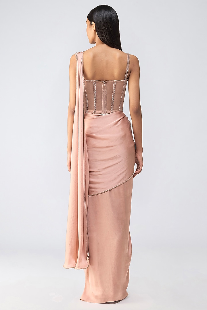 Rose Pink Satin Chiffon Crystalvein Draped Reception Saree Set by Amit Aggarwal at Pernia's Pop Up Shop