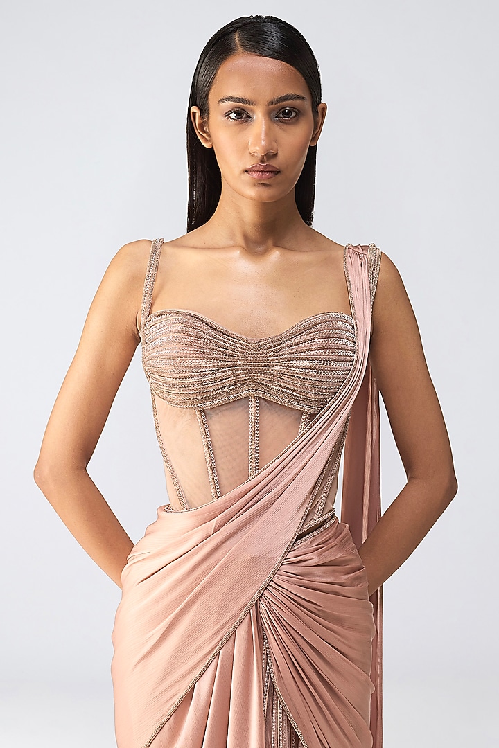 Rose Pink Satin Chiffon Crystalvein Draped Reception Saree Set by Amit Aggarwal at Pernia's Pop Up Shop