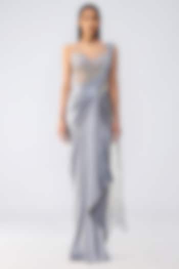 Ice Blue Satin Chiffon & Butterfly Net Crystalvein Draped Reception Saree Set by Amit Aggarwal at Pernia's Pop Up Shop