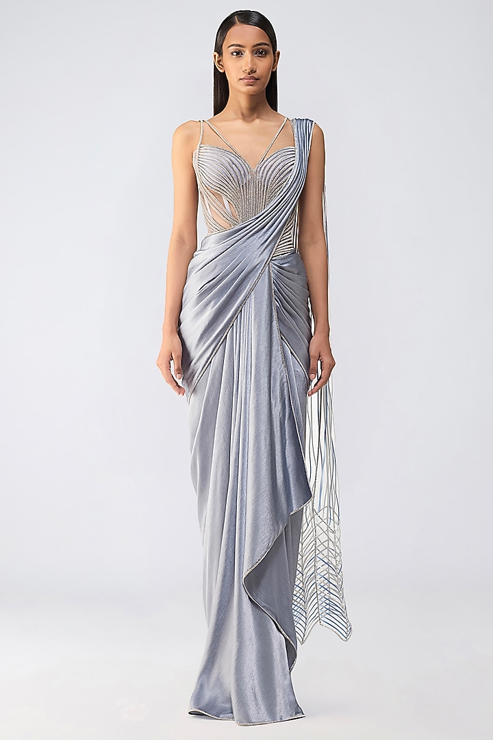 Ice Blue Satin Chiffon & Butterfly Net Crystalvein Draped Reception Saree Set by Amit Aggarwal at Pernia's Pop Up Shop