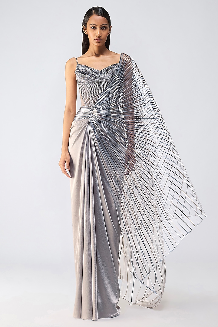 Steel Grey Satin Chiffon & Butterfly Net Metallic Draped Bridal Saree Set by Amit Aggarwal at Pernia's Pop Up Shop