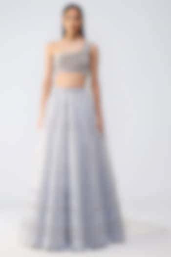 Ice Blue Butterfly Net Fluted Skirt Set by Amit Aggarwal at Pernia's Pop Up Shop