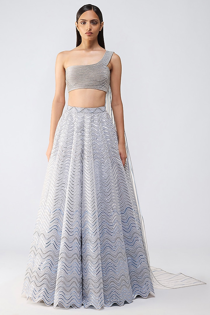 Ice Blue Butterfly Net Fluted Skirt Set by Amit Aggarwal at Pernia's Pop Up Shop