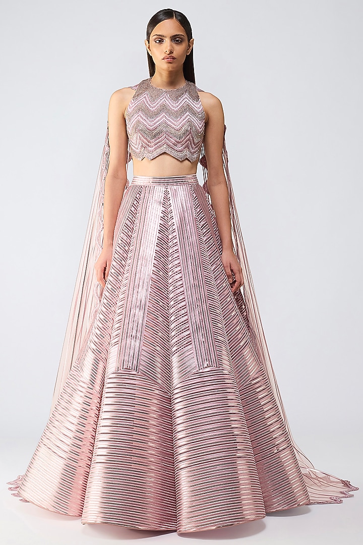 Old Rose Butterfly Net Fluted Skirt Set by Amit Aggarwal at Pernia's Pop Up Shop