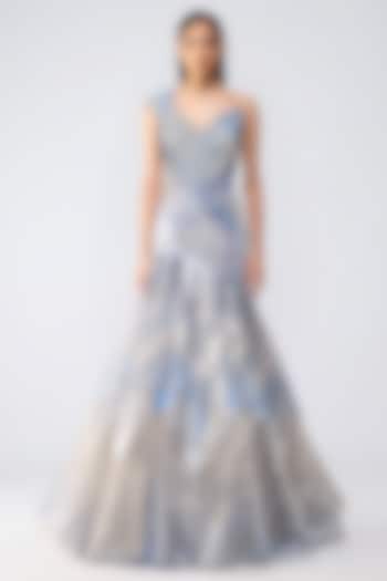 Ice Blue Butterfly Net Off-Shoulder Micro Pleated Bridal Gown by Amit Aggarwal at Pernia's Pop Up Shop