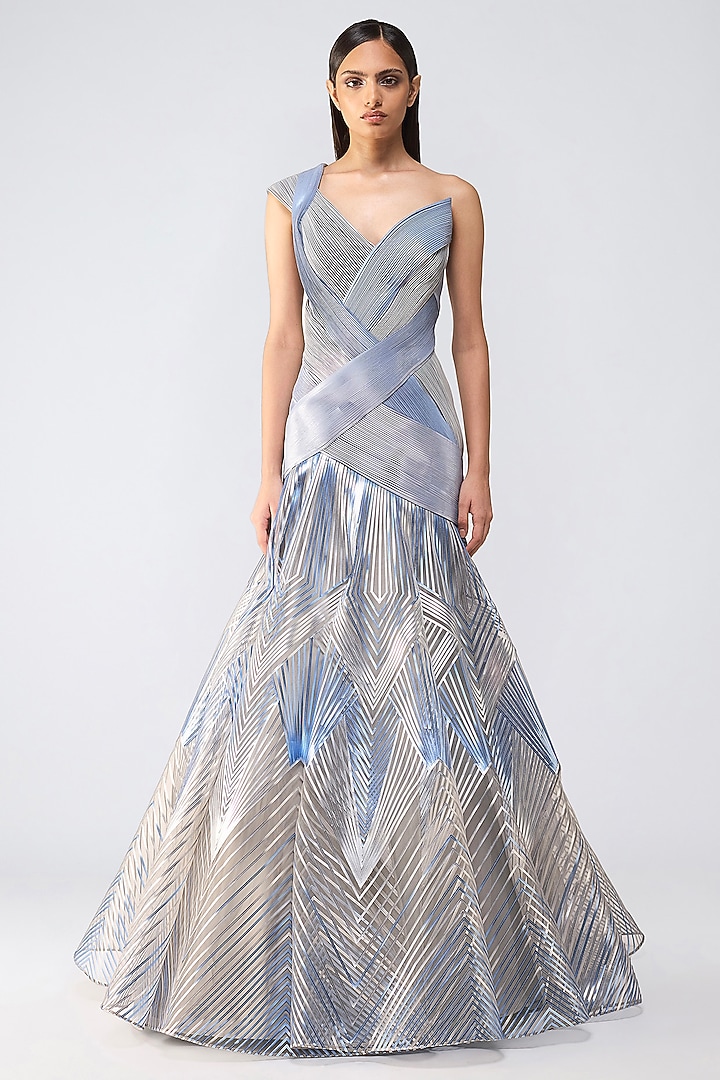 Ice Blue Butterfly Net Off-Shoulder Micro Pleated Bridal Gown by Amit Aggarwal at Pernia's Pop Up Shop