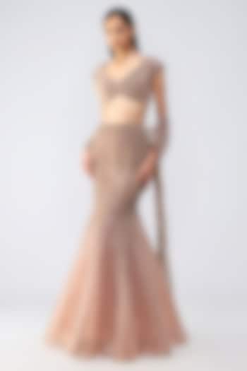 Rose Pink Butterfly Net Moulded Fish-Tail Skirt Set by Amit Aggarwal at Pernia's Pop Up Shop