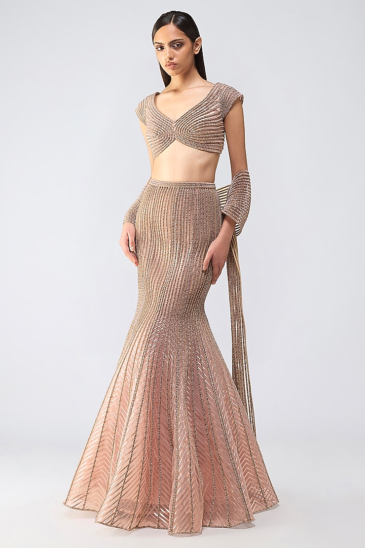 Rose Pink Butterfly Net Moulded Fish-Tail Skirt Set by Amit Aggarwal at Pernia's Pop Up Shop