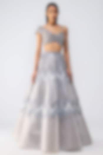 Ice Blue Butterfly Net & Organza Metallic Fluted Skirt Set by Amit Aggarwal at Pernia's Pop Up Shop