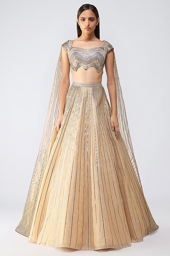 Sand-Colored Butterfly Net Metallic Wave Skirt Set by Amit Aggarwal at Pernia's Pop Up Shop