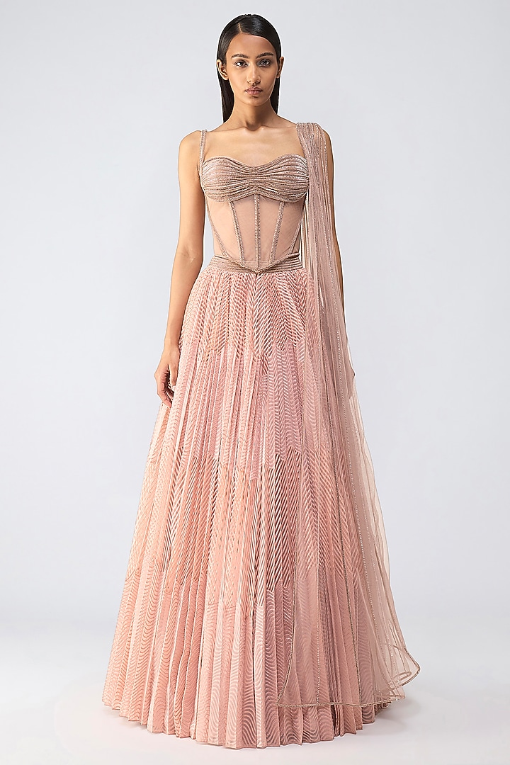 Rose Pink Butterfly Net Metallic Wave Skirt Set by Amit Aggarwal at Pernia's Pop Up Shop