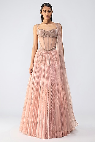 Rose Pink Butterfly Net Metallic Wave Skirt Set by Amit Aggarwal