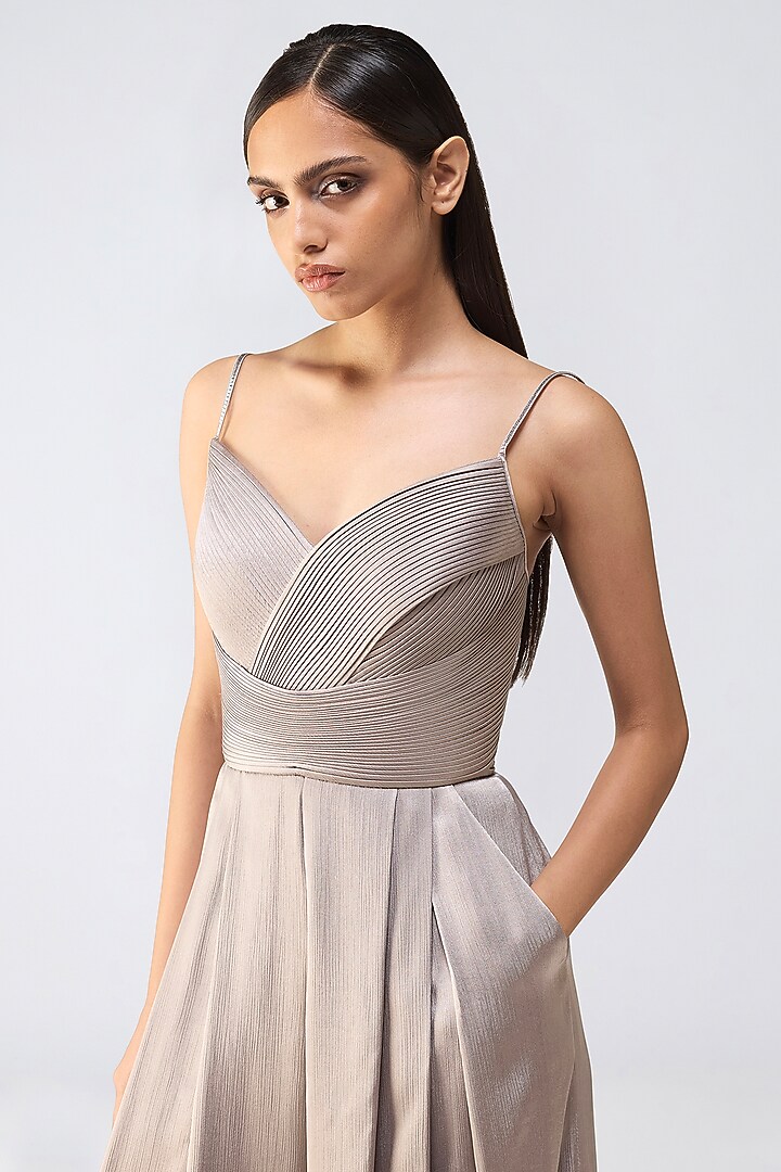 Steel Grey Chiffon Micro-Pleated Jumpsuit by Amit Aggarwal at Pernia's Pop Up Shop