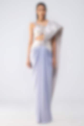 Ice Blue Satin Chiffon Micro-Pleated Draped Bridal Saree Set by Amit Aggarwal at Pernia's Pop Up Shop