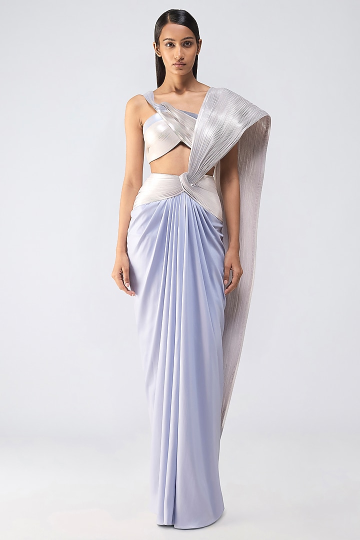 Ice Blue Satin Chiffon Micro-Pleated Draped Bridal Saree Set by Amit Aggarwal at Pernia's Pop Up Shop