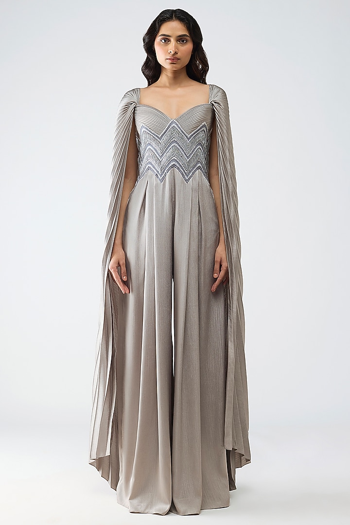 Steel Grey Satin Chiffon Micro-Pleated Jumpsuit by Amit Aggarwal at Pernia's Pop Up Shop