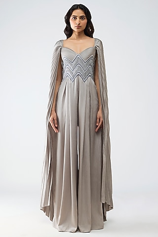 Steel Grey Satin Chiffon Micro-Pleated Jumpsuit by Amit Aggarwal