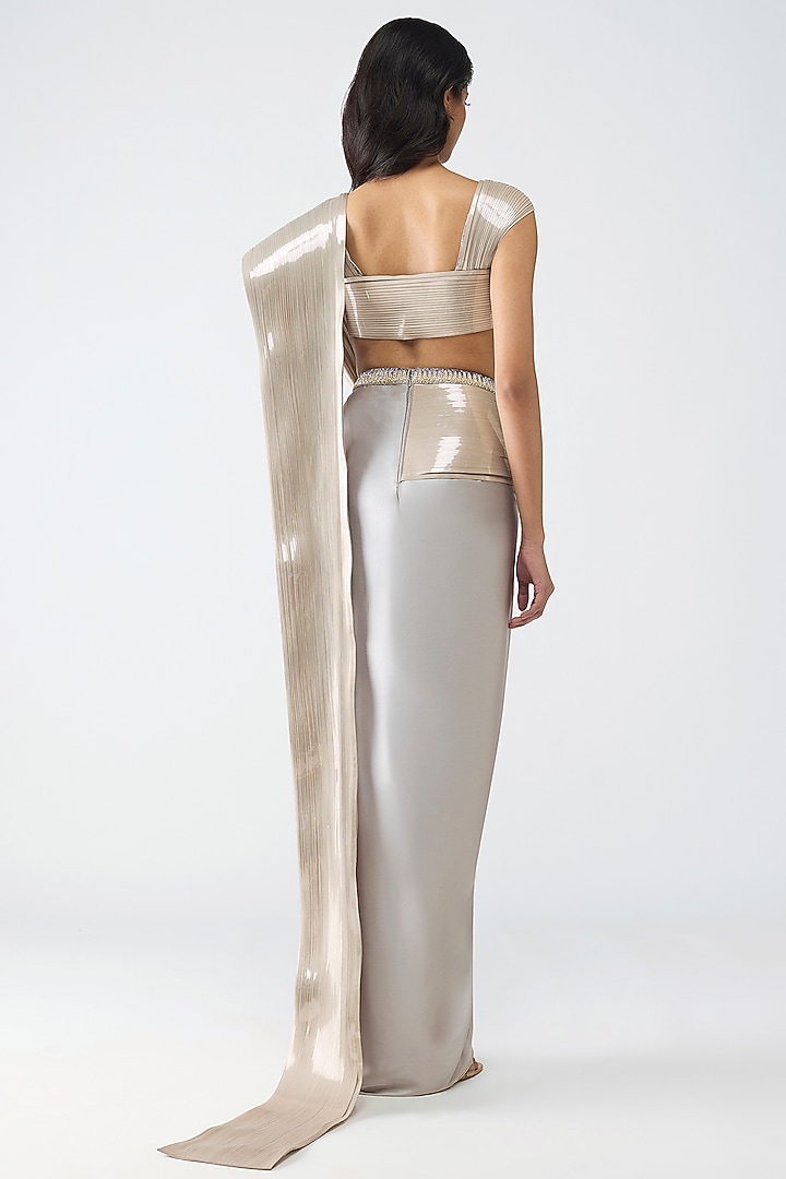 Sand-Colored Butterfly Net Micro-Pleated Draped Reception Saree Set by Amit Aggarwal at Pernia's Pop Up Shop