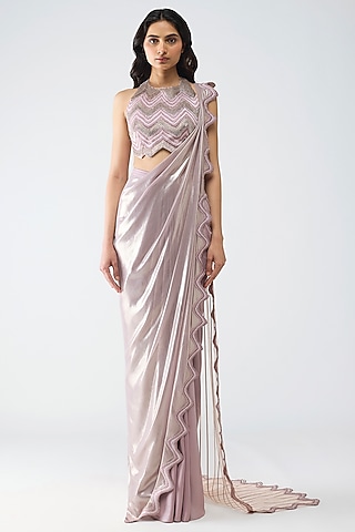 Rose Pink Glazed Chiffon Draped Saree Set by Amit Aggarwal