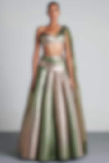 Olive Green & Gold Ombre Mesh Lehenga Set by Amit Aggarwal
