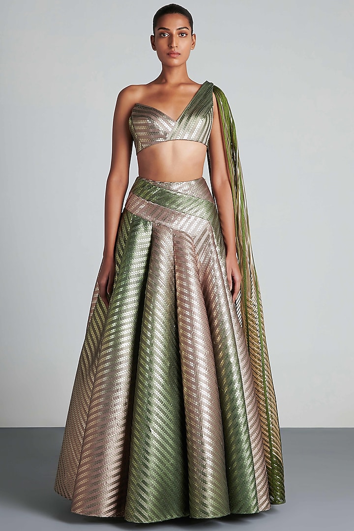 Olive Green & Gold Ombre Mesh Lehenga Set by Amit Aggarwal