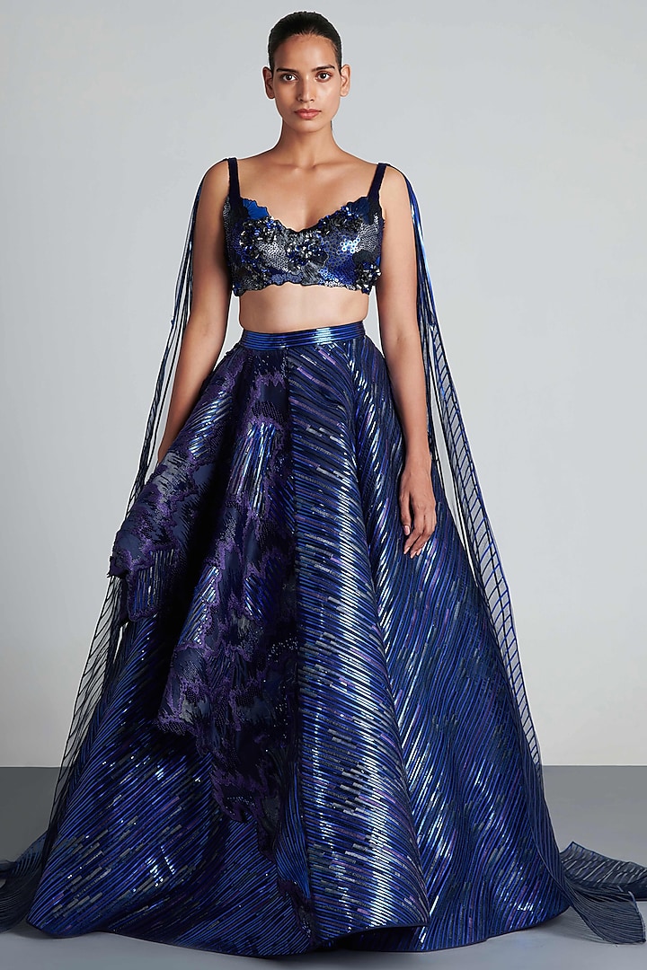 Ink Blue Hand Embroidered Layered Lehenga Set by Amit Aggarwal