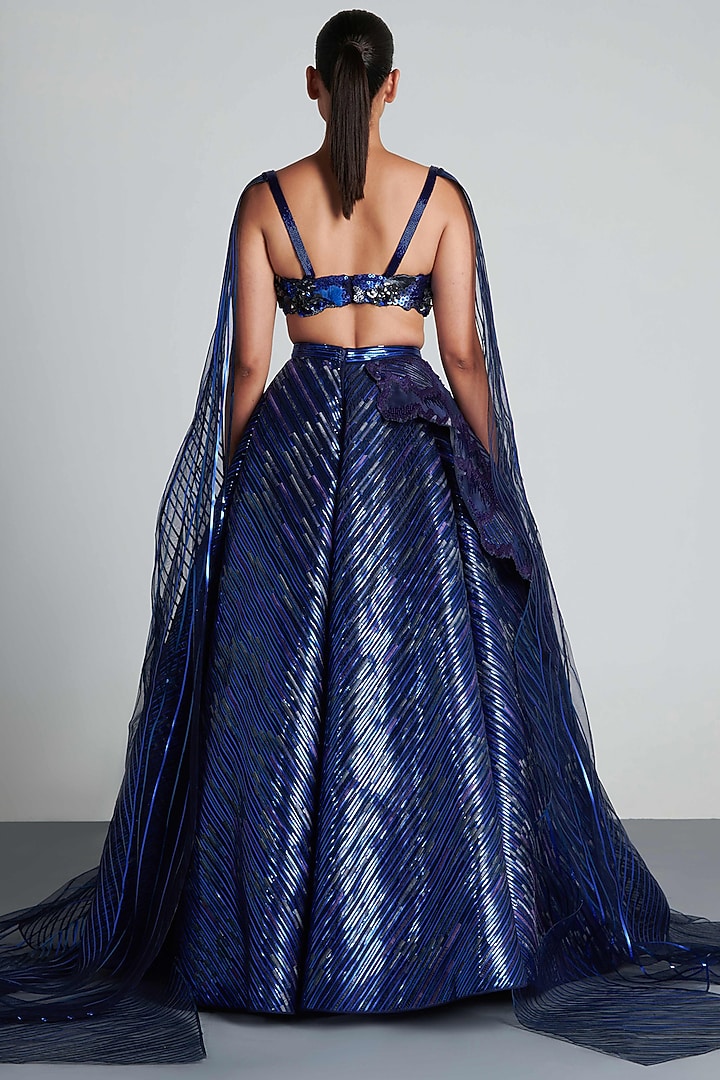 Ink Blue Hand Embroidered Layered Bridal Lehenga Set by Amit Aggarwal at Pernia's Pop Up Shop