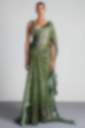Olive Green Metallic Polymer & Organza Hand Embroidered Pre-Draped Saree Set by Amit Aggarwal