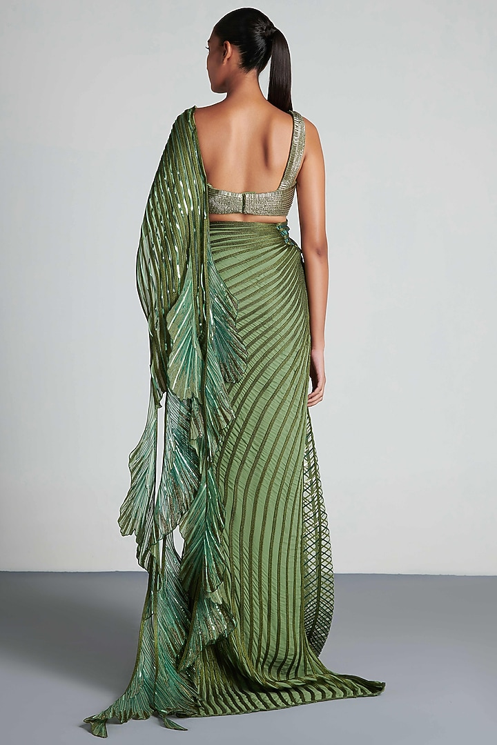 Olive Green Metallic Polymer & Organza Hand Embroidered Pre-Draped Bridal Saree Set by Amit Aggarwal at Pernia's Pop Up Shop